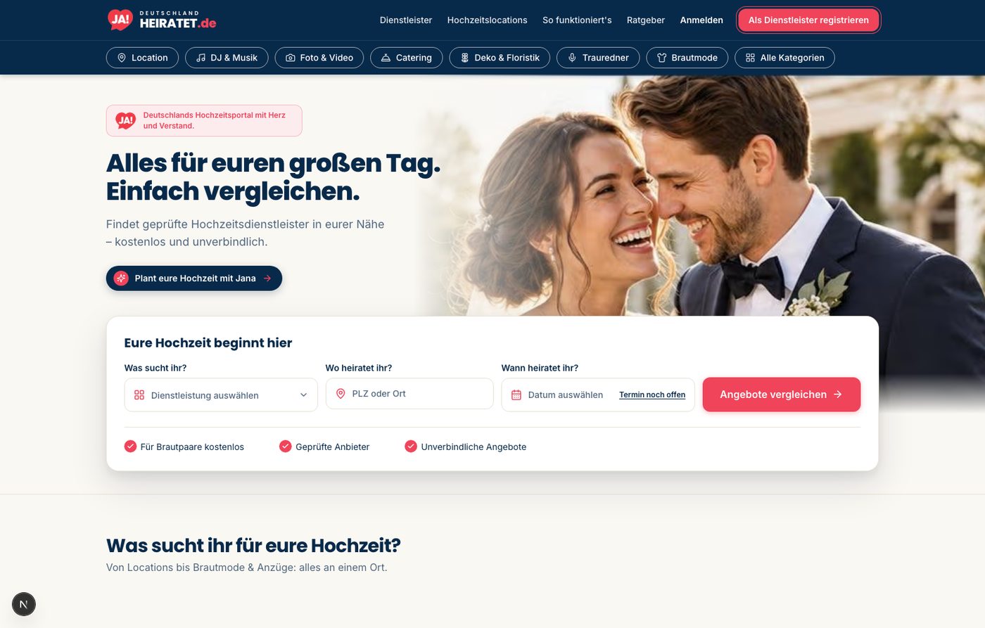 Startseite des Portals mit Suche